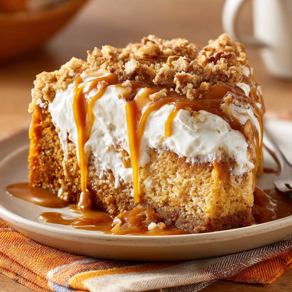 Pumpkin crumble cheesecake bars, a decadent slice topped with whipped cream and drizzled with rich caramel sauce.