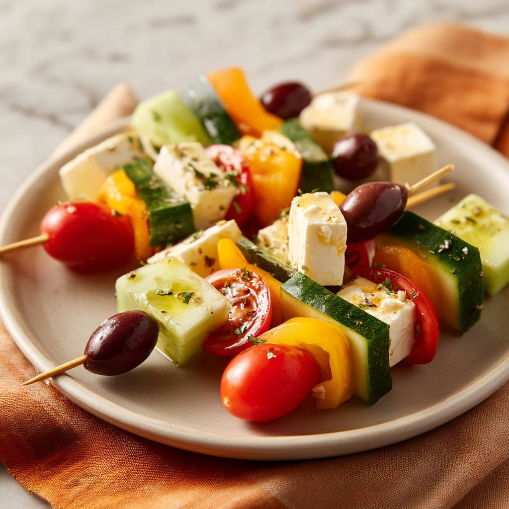 Rainbow veggie skewers with no crumbling feta shown plated with a close-up view of the ingredients and feta cheese.
