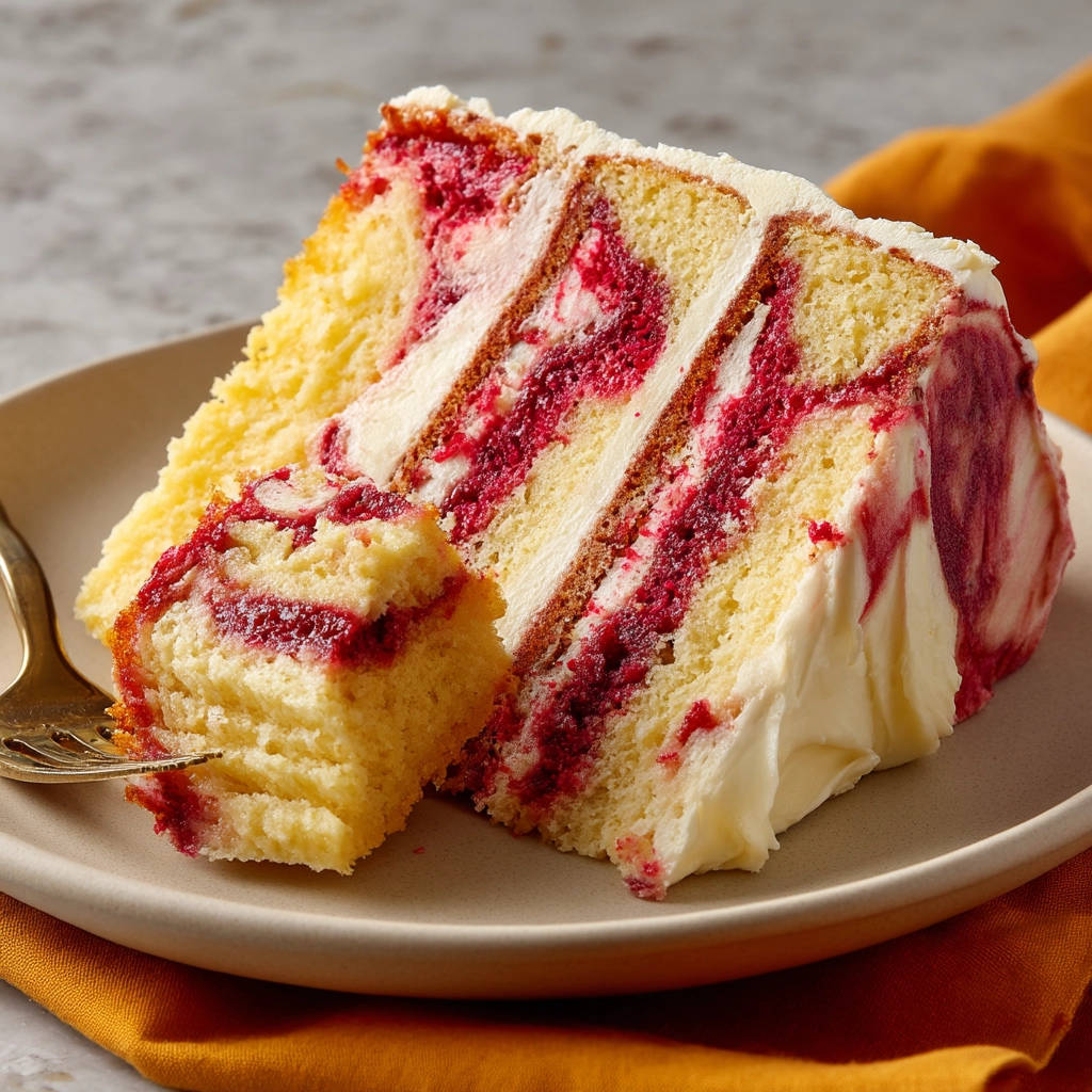 Raspberry layer cake, a cross-section showing moist cake layers and bright raspberry filling with a fork taking a bite.