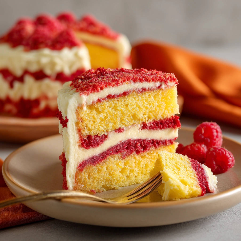 Raspberry layer cake cross-section slice showing moist yellow cake, cream frosting, and raspberry filling on a plate.