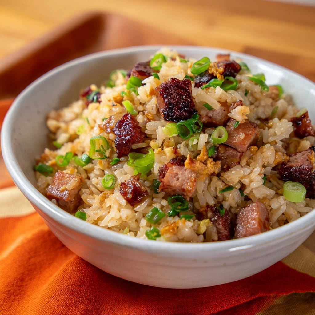 Restaurant-style fried rice served in a white bowl, garnished with green onions and meat.