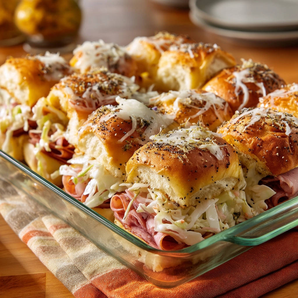 Reuben sliders baked in a clear glass pan, topped with cheese and seasonings, ready to serve.