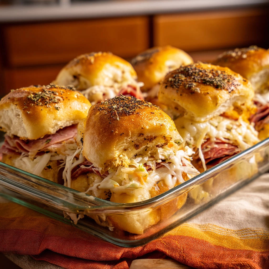 Reuben sliders in a glass baking dish, topped with herbs and showing a cheesy coleslaw filling.