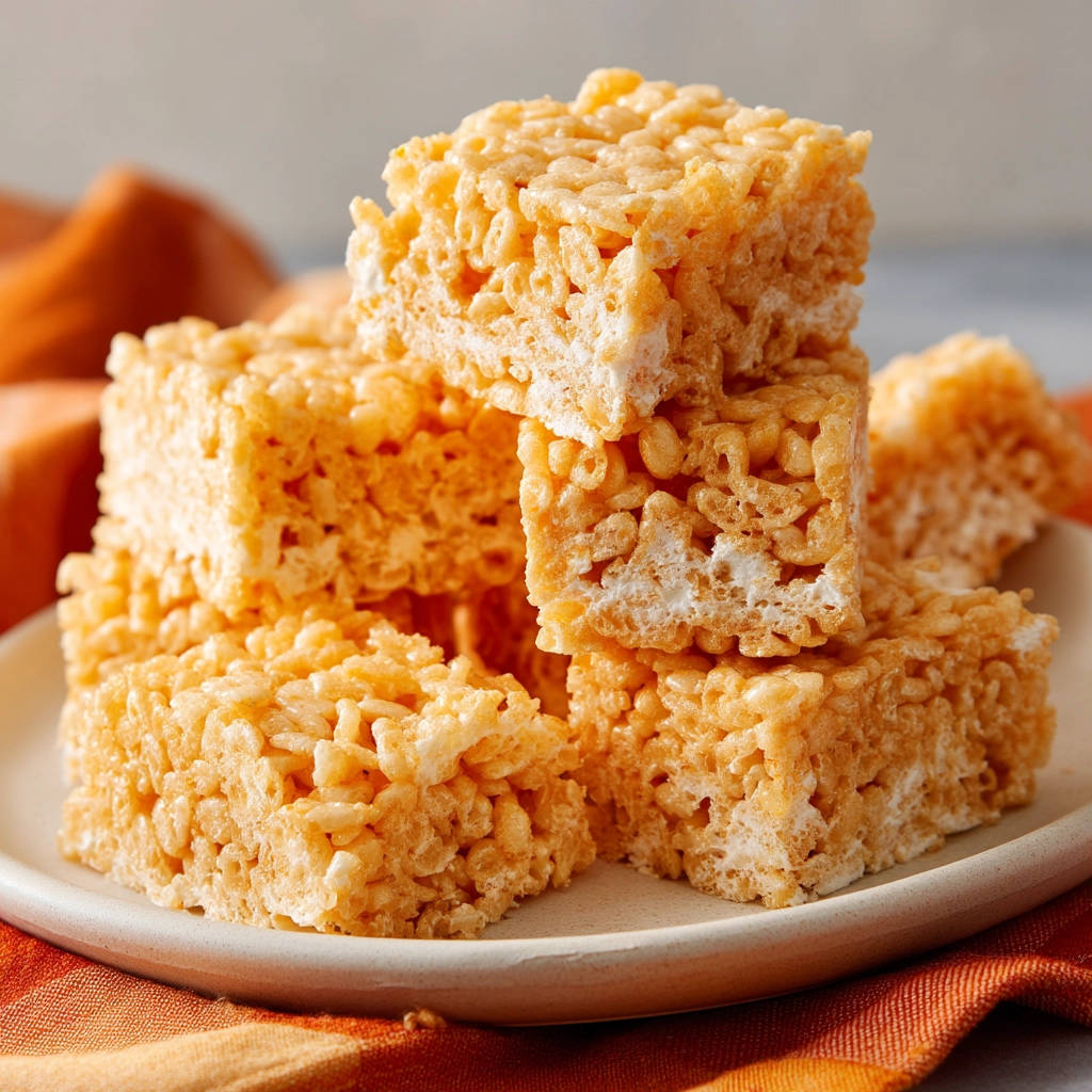 Rice Krispie Treats, a stack of soft and chewy squares, showing the marshmallow and cereal texture up close.