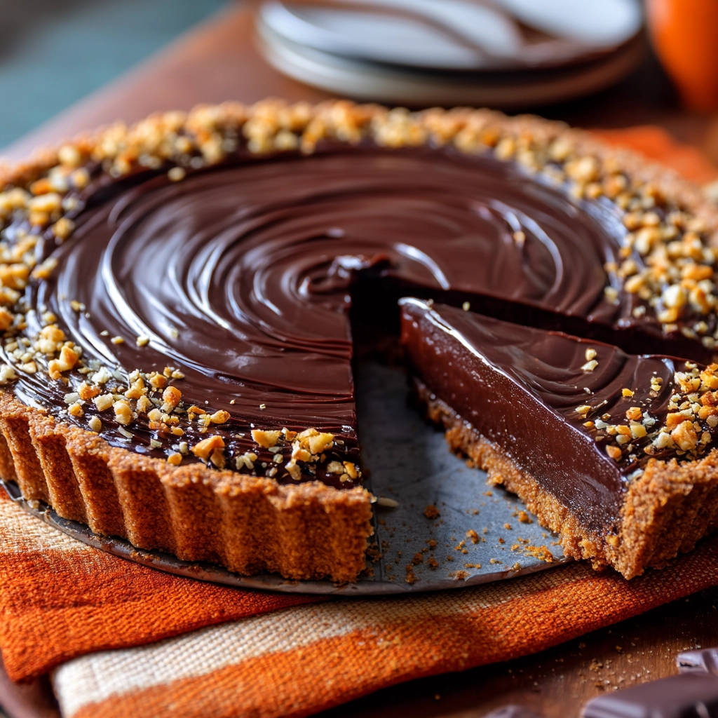 Rich chocolate tart with a slice cut out, showing its smooth interior and nutty crust.