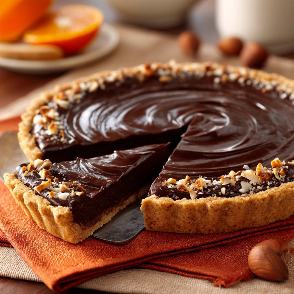 Rich chocolate tart with a slice removed, showing the smooth ganache filling and nut-topped crust.