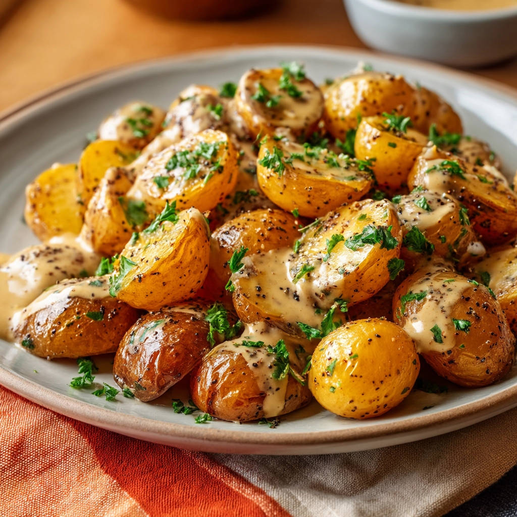 Perfectly roasted baby potatoes with creamy mustard sauce served on a plate, garnished with parsley.