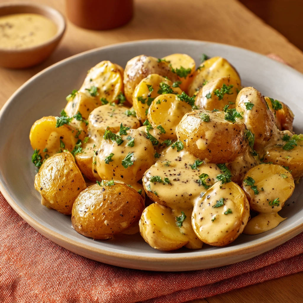 Perfectly roasted baby potatoes with creamy mustard sauce, generously drizzled and garnished, served on a plate.