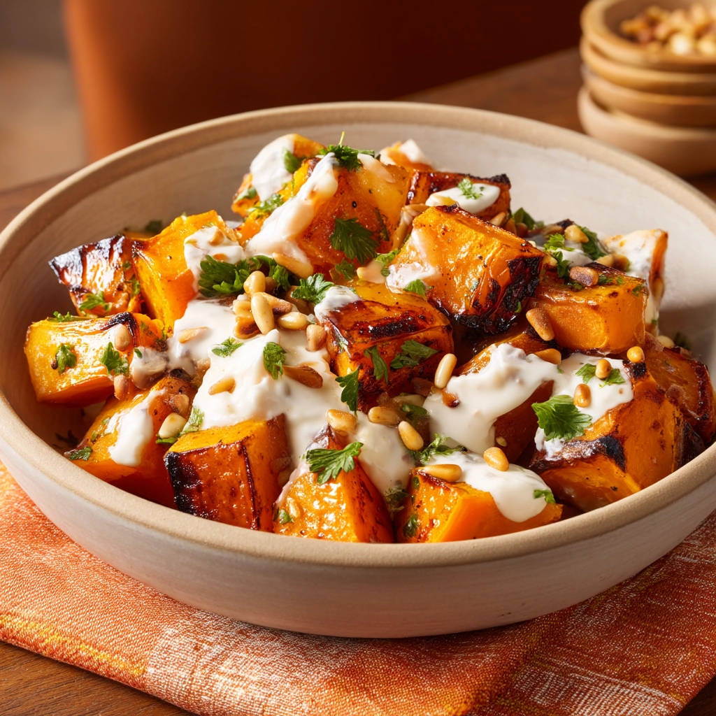 Roasted butternut squash with creamy sauce, featuring a close-up view of the drizzle and garnishes in a bowl.