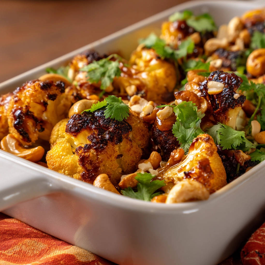 Roasted cauliflower with a rich caramel glaze, cashews, and fresh cilantro, showcasing its caramelized edges.