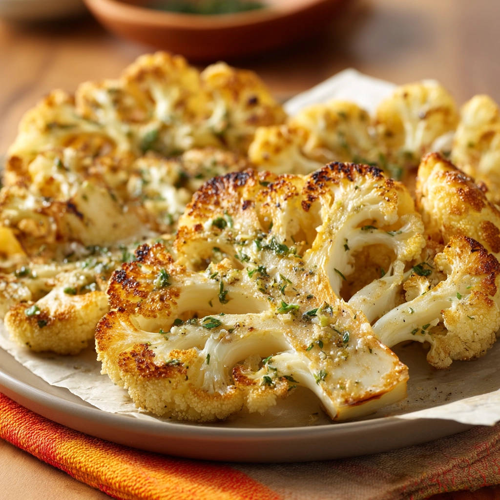 Roasted cauliflower steaks, a close-up cross-section showing the tender interior and caramelized edges.
