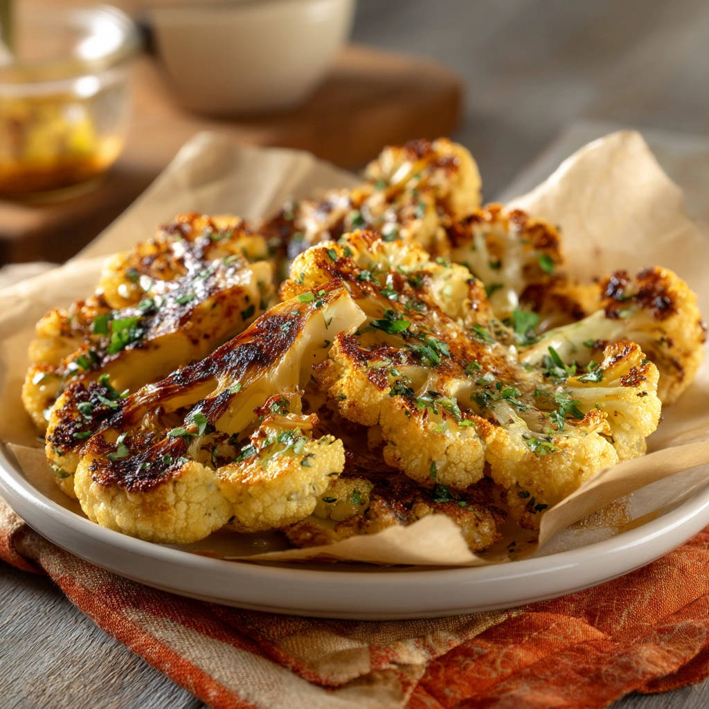 Roasted cauliflower steaks close-up, showing the caramelized edges and fresh herb garnish.