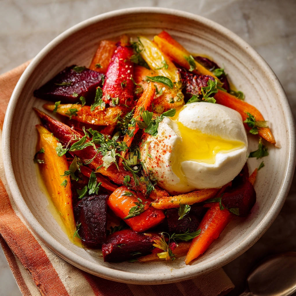 Roasted root vegetables with creamy egg delight, featuring a close-up of the poached egg with its rich, runny yolk.