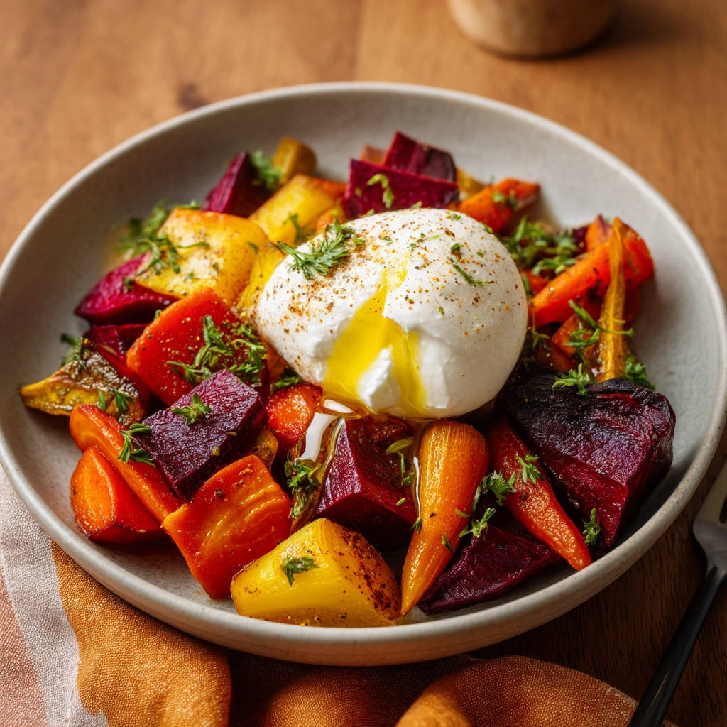 Roasted root vegetables with creamy egg delight, showcasing the runny yolk in a close-up cross-section.
