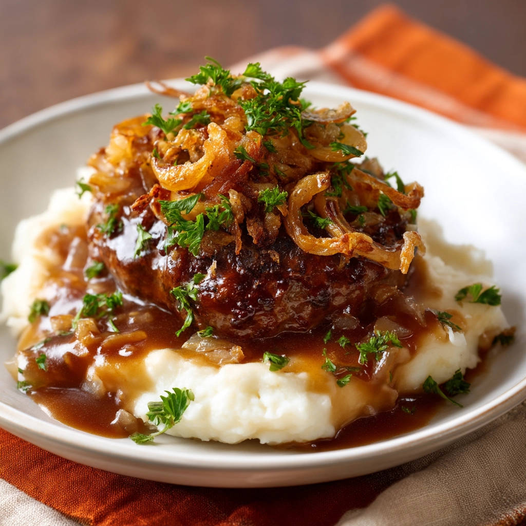 Classic Salisbury Steak plated over mashed potatoes, generously topped with gravy and crispy fried onions.