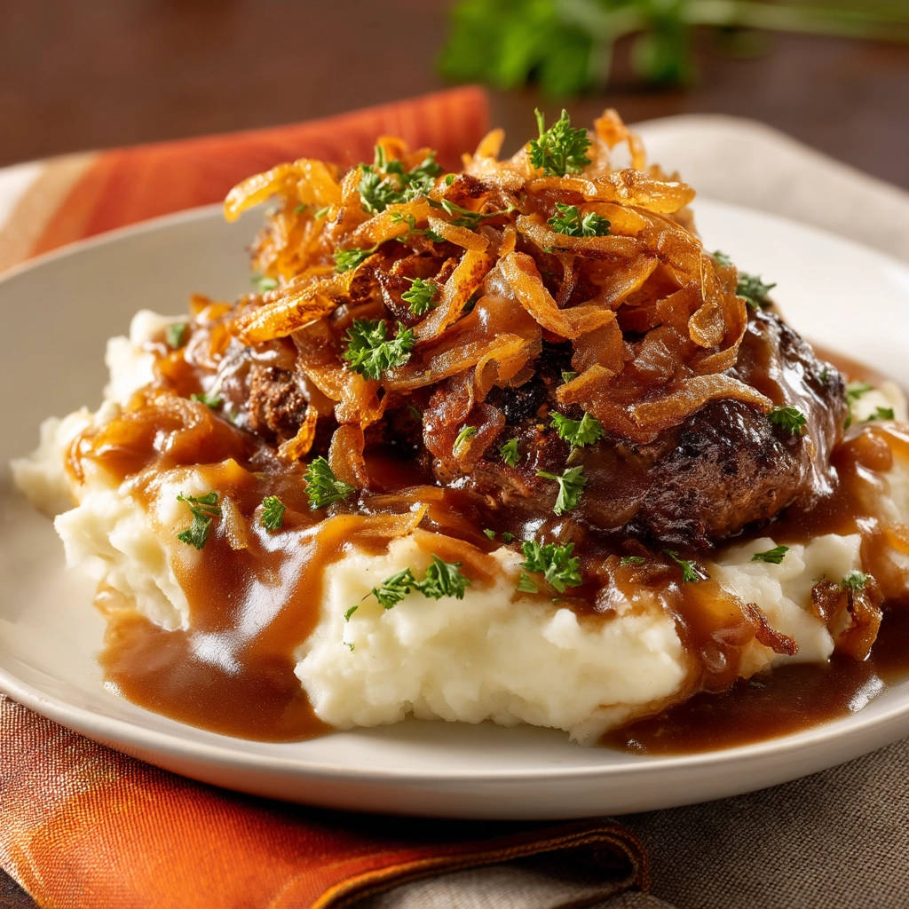 Classic Salisbury Steak plated with mashed potatoes, gravy, and topped with crispy fried onions.