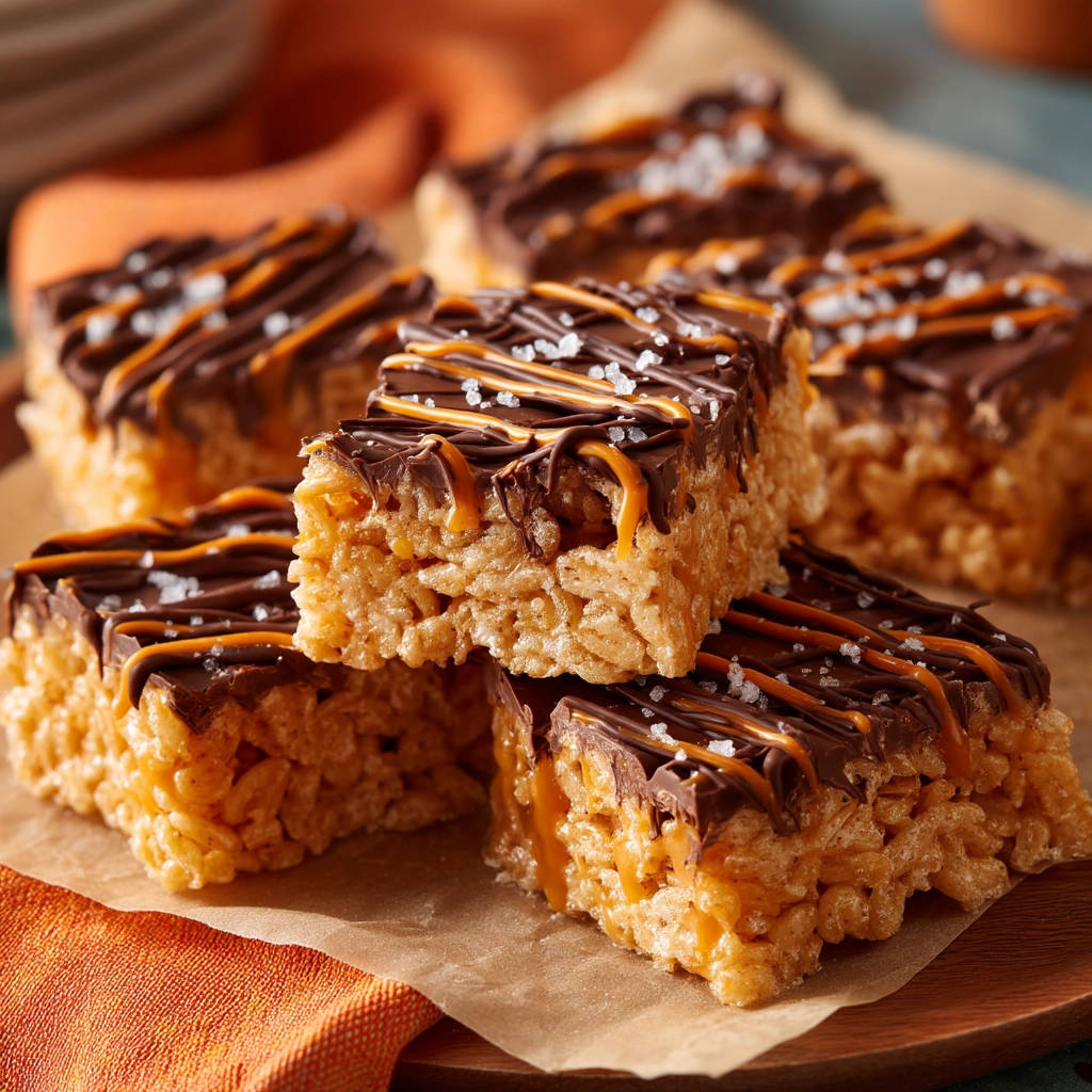 Salted caramel chocolate crispy treats stacked on parchment paper, showcasing their rich toppings and texture.