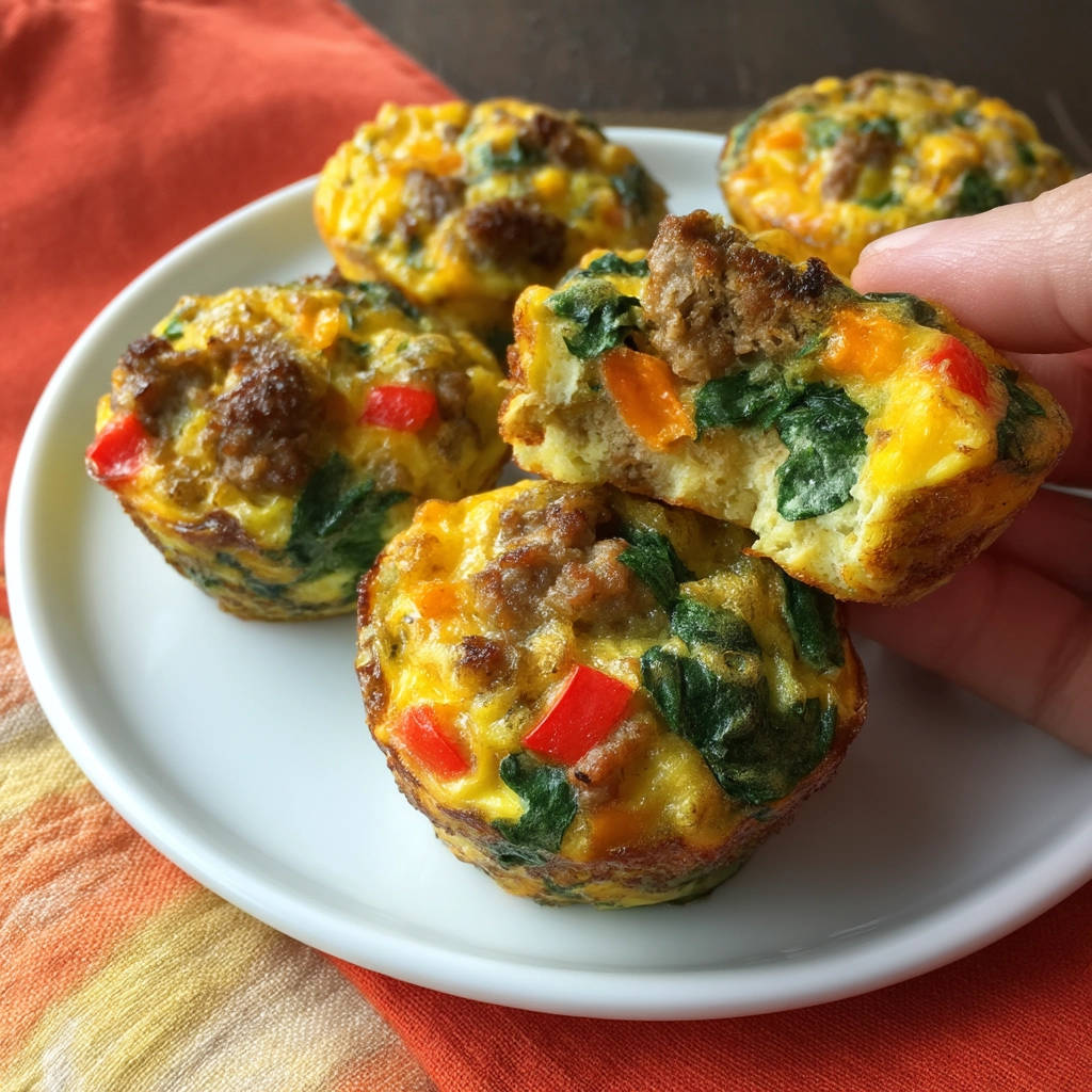 Savory breakfast egg bites cross-section detail showing fluffy egg, sausage, spinach, and red pepper.