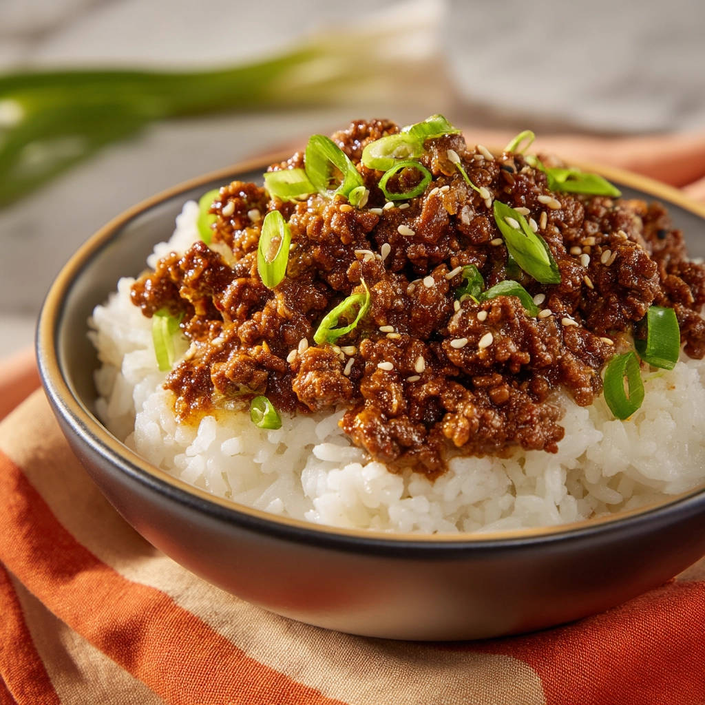 Savory ground beef bowl with rice, garnished with green onions and sesame seeds, shown in a close-up view.