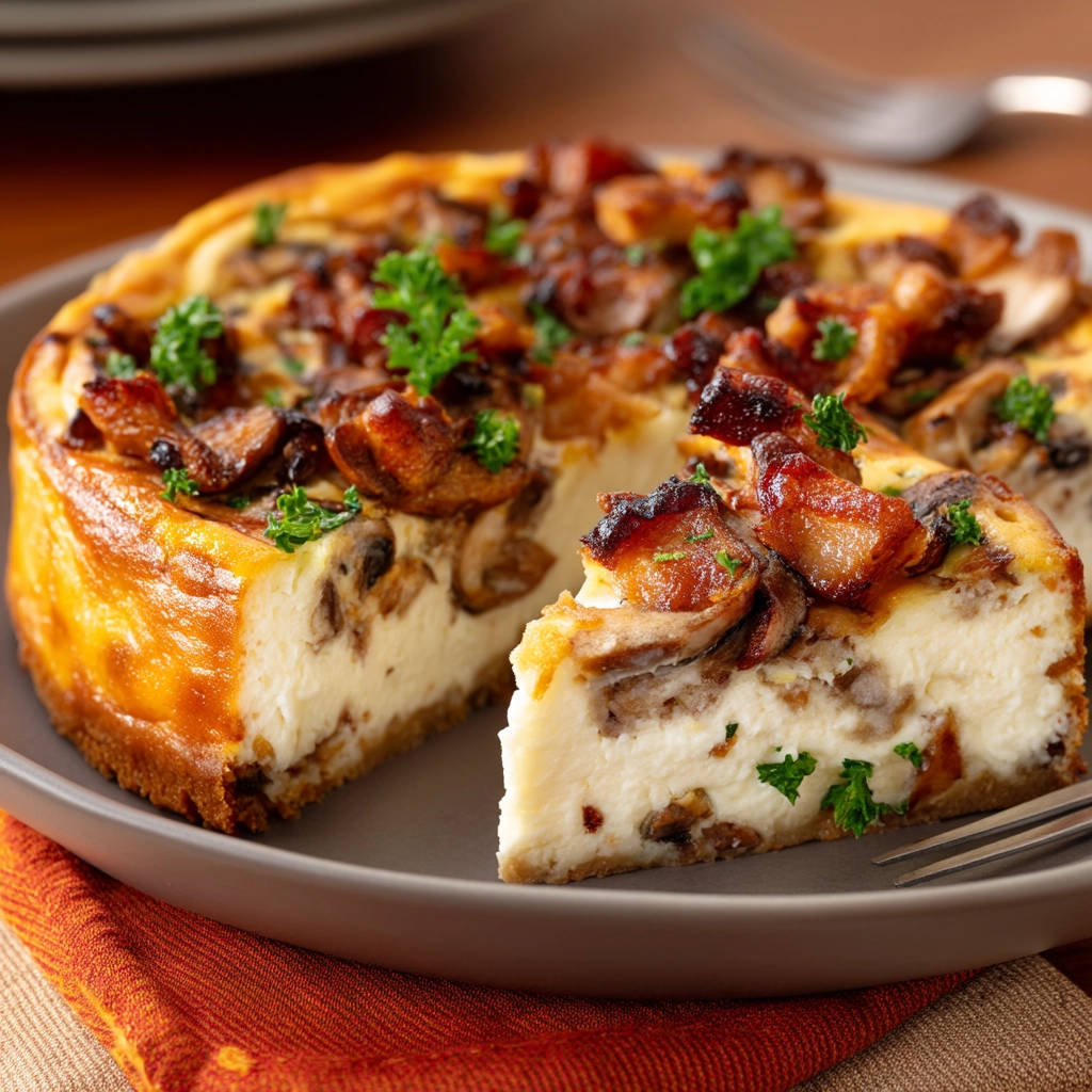 Savory mushroom tart with crispy bacon shown in a close-up cross-section with a slice removed, displaying the creamy interior.