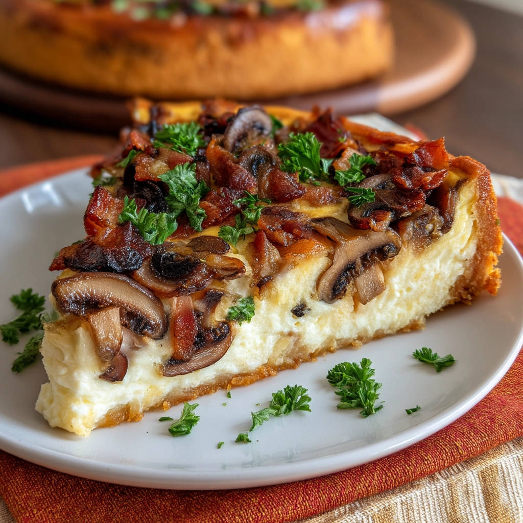 Savory mushroom tart with crispy bacon, a slice plated and garnished with fresh parsley.