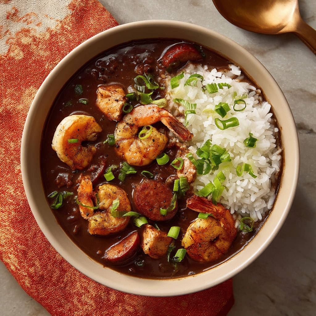 Classic Seafood Gumbo served in a bowl with rice, shrimp, and sausage, viewed from overhead.