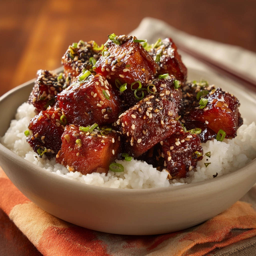 Sesame glazed tofu served in a bowl over white rice, garnished with sesame seeds and green onions.