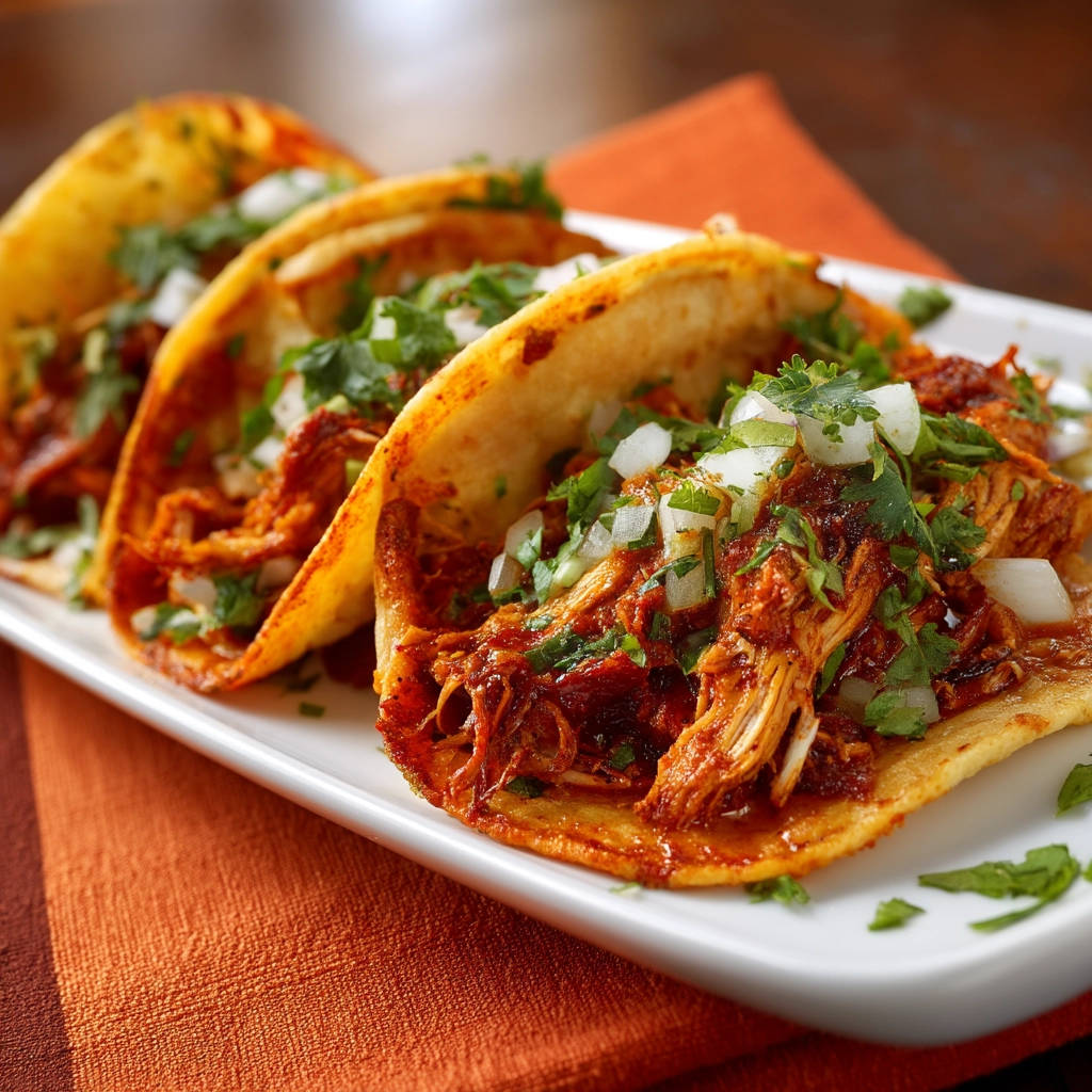 Shredded chicken tacos close-up, generously garnished with fresh cilantro and diced white onion.