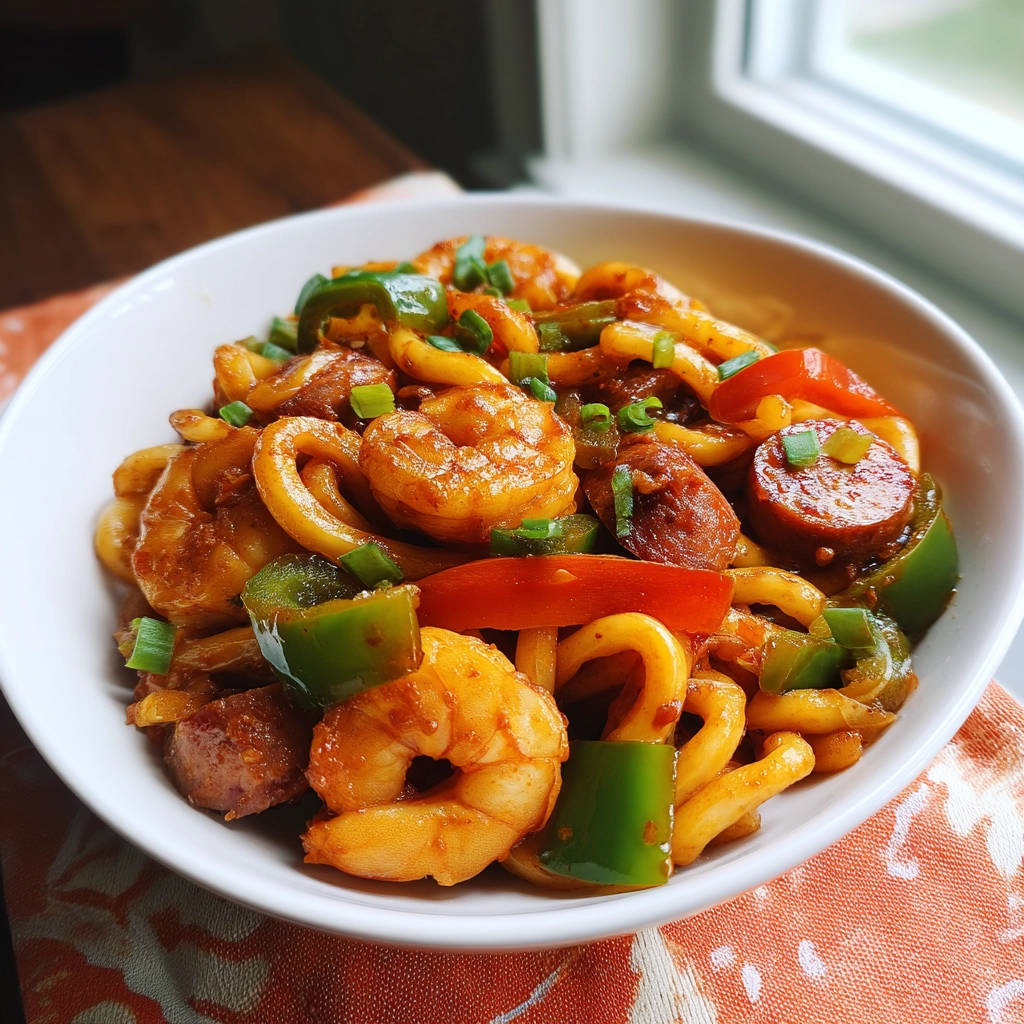 Shrimp and sausage udon served in a white bowl, showcasing udon noodles, bell peppers, and scallions.
