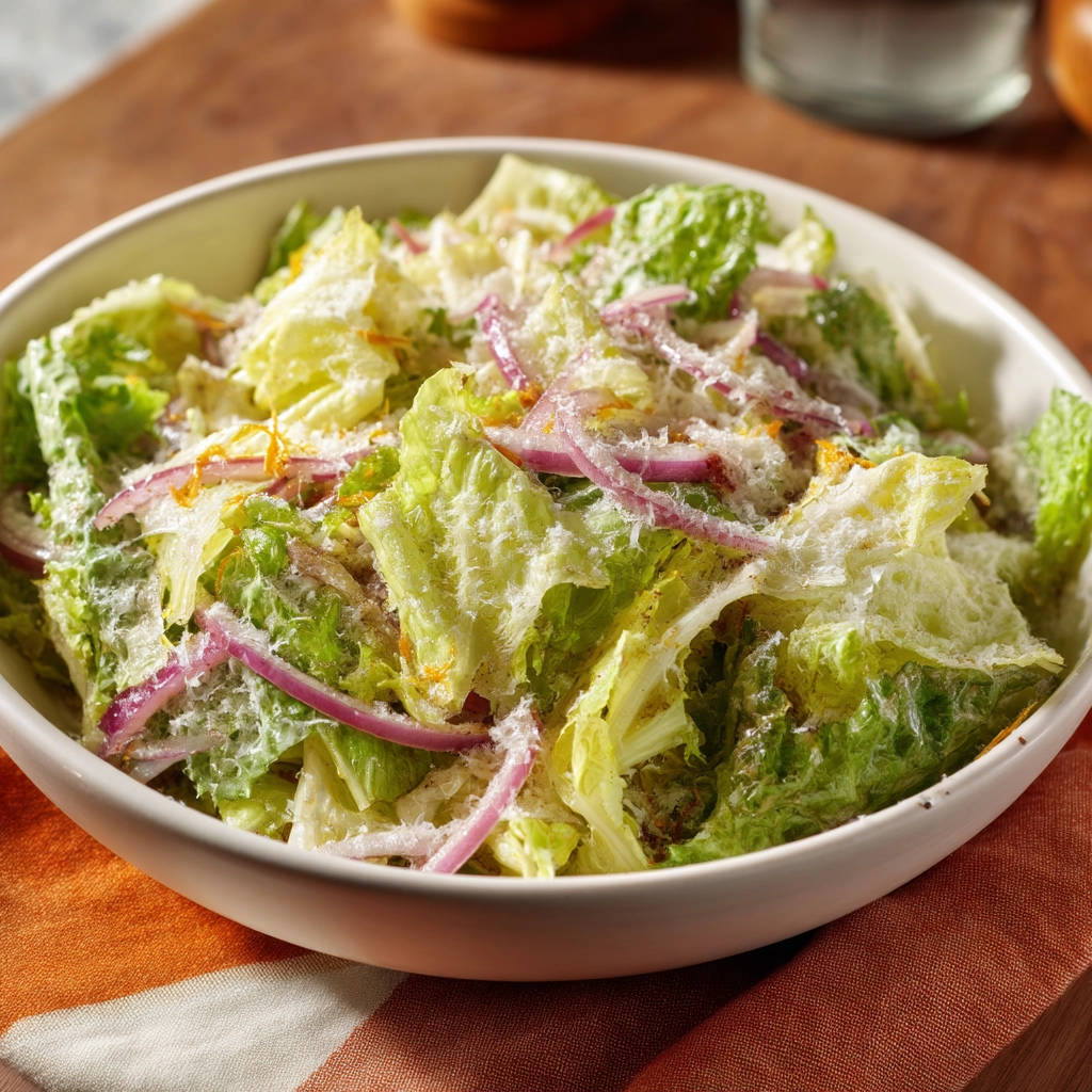 Simple green salad featuring crisp romaine, red onions, and shaved cheese, served in a white bowl on an orange napkin.