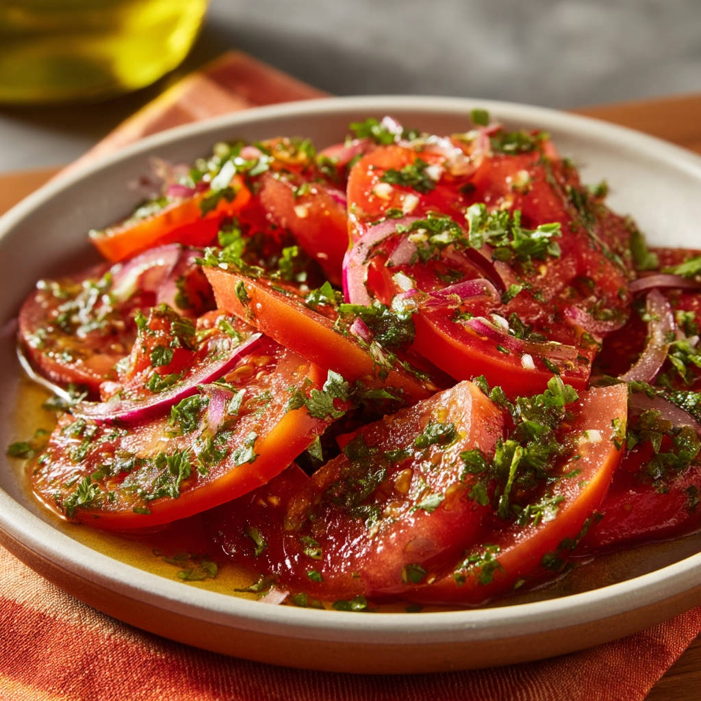 Simple marinated tomatoes are served in a close-up view on a rustic plate, showcasing their vibrant colors and fresh herbs.