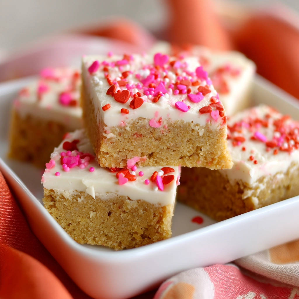 Simple sugar cookie bars topped with white frosting and festive red and pink heart sprinkles, shown in a close-up view.