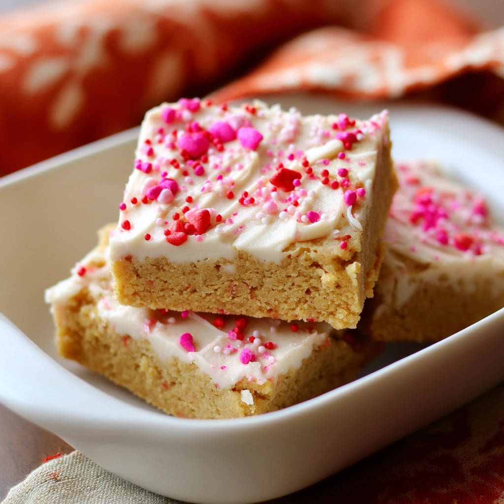 Simple sugar cookie bars stacked and topped with white frosting and colorful Valentine's Day sprinkles.