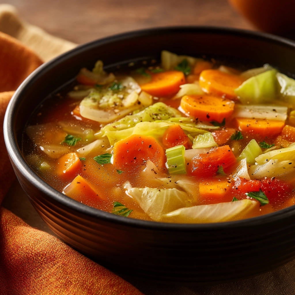 Simple vegetable soup in a dark bowl, featuring visible chunks of carrots, cabbage, and celery in broth.