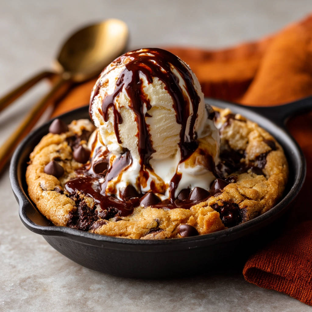 Skillet chocolate chip cookie topped with melting ice cream and chocolate sauce in a black cast iron pan.