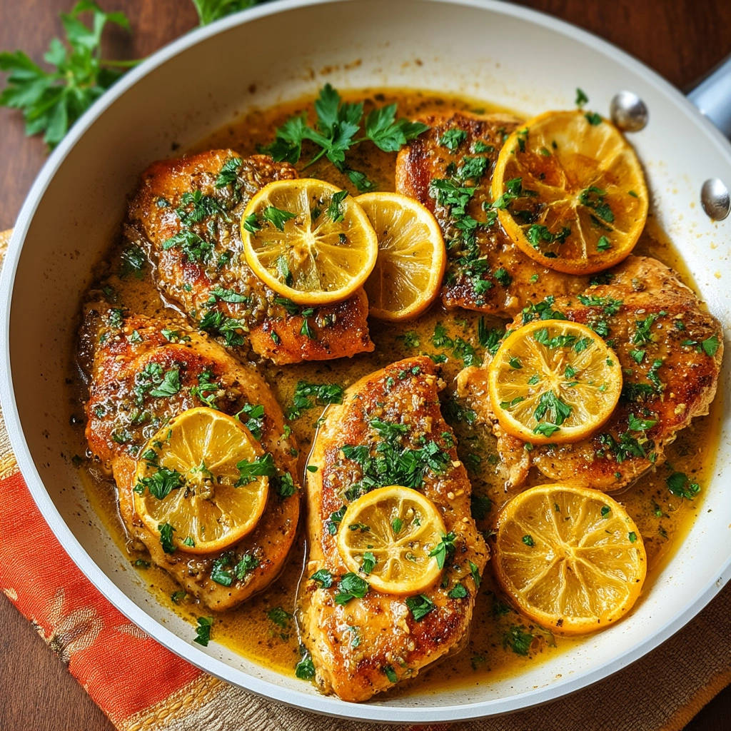 Skillet Lemon Caper Chicken served in a pan with lemon slices and fresh parsley garnish.
