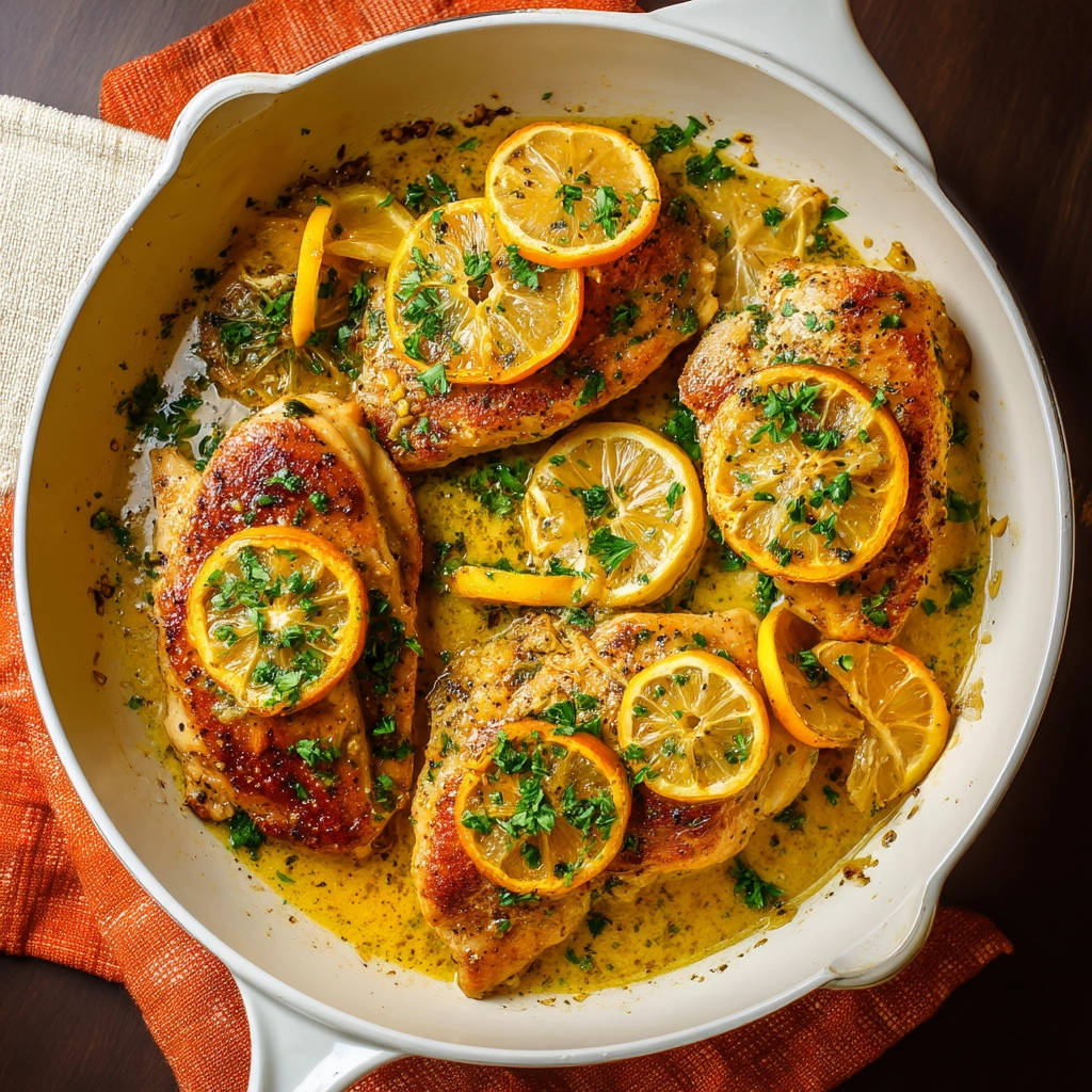 Skillet lemon caper chicken shown from an overhead view, glistening in its sauce with lemon slices and parsley garnish.