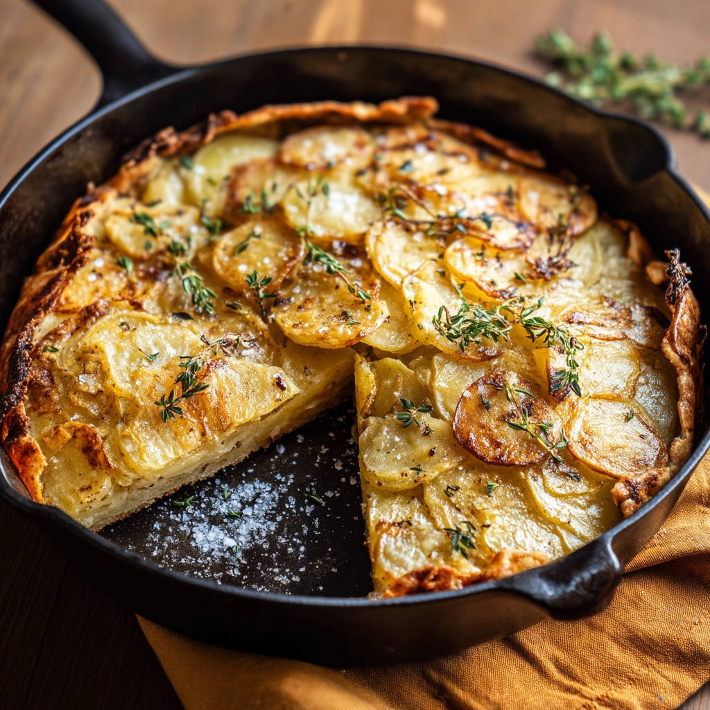 Skillet potato galette with a slice removed, showing the layered potato interior and golden brown crust.