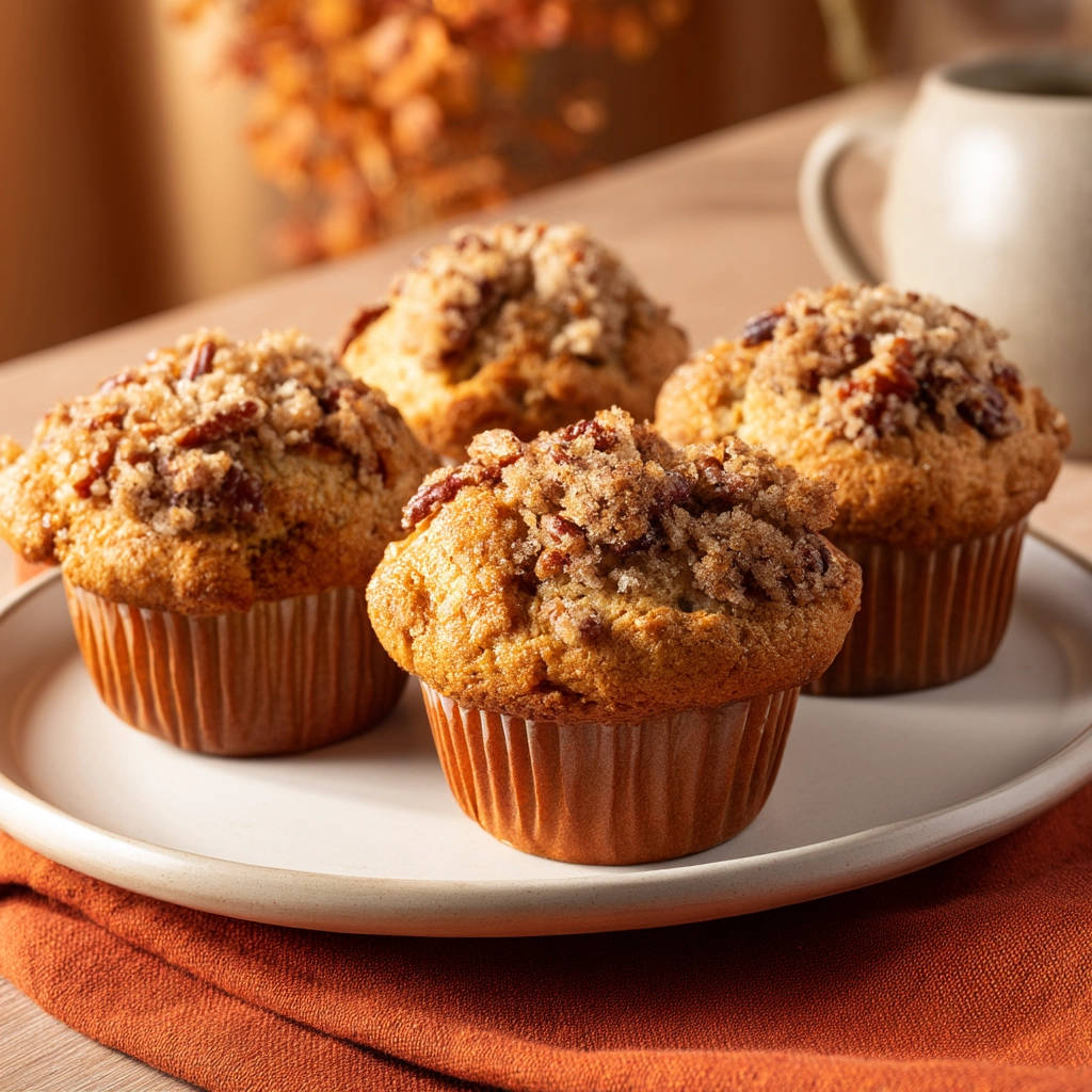 Sky-high pumpkin crumble muffins shown from the front on a white plate with a rustic orange napkin.