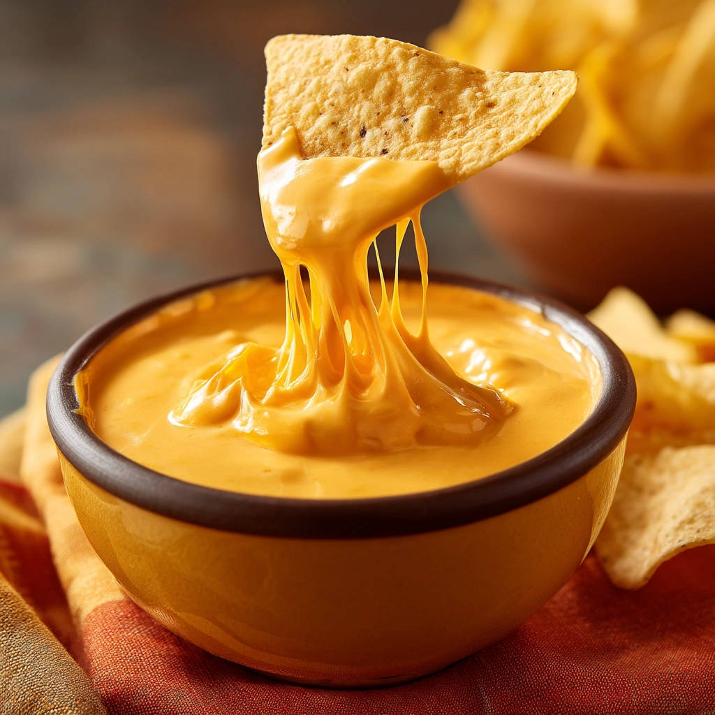 Smooth & melty cheese dip with a nacho cheese pull as a tortilla chip is dipped in the bowl.