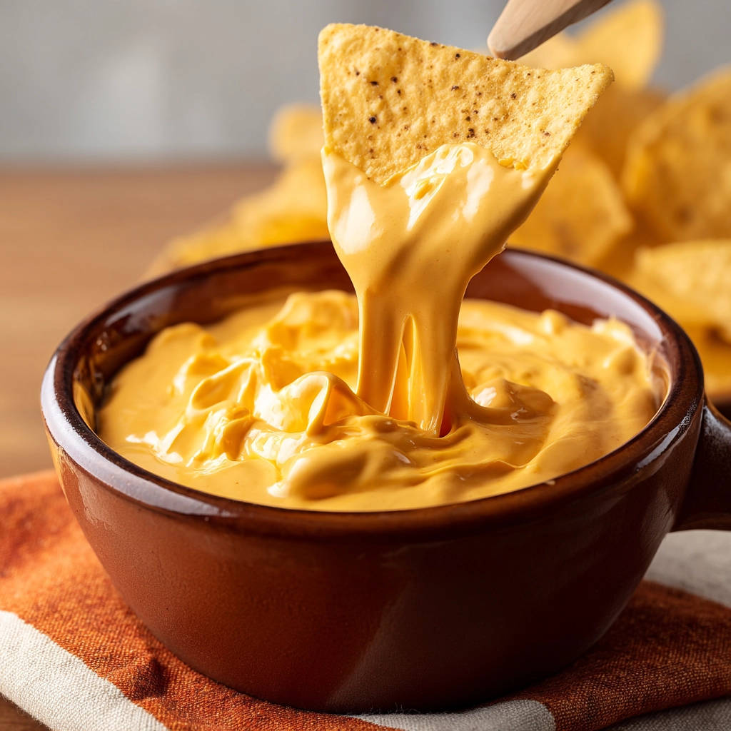 Smooth & melty cheese dip being scooped with a tortilla chip, showing its rich texture in a brown bowl.
