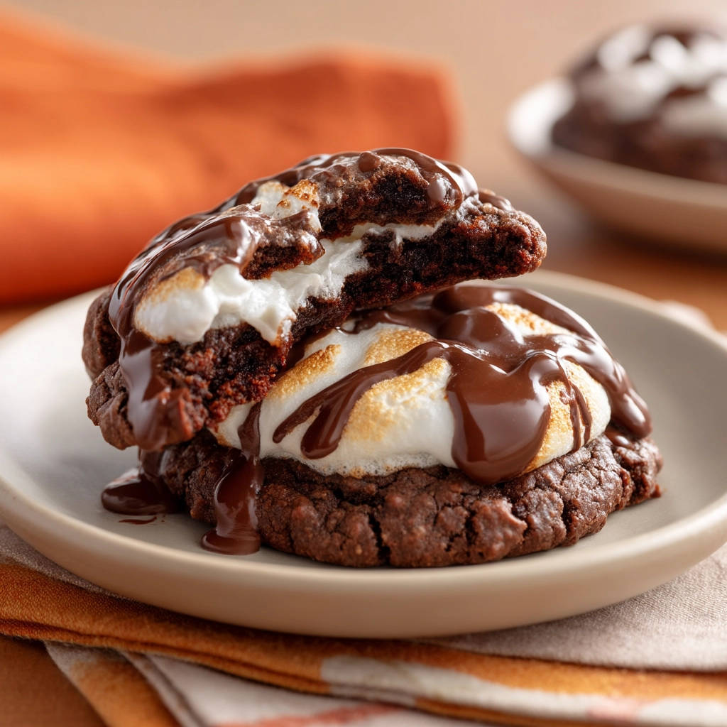 Gooey s'mores chocolate cookies shown in a close-up cross-section with melted marshmallow and chocolate drizzle.