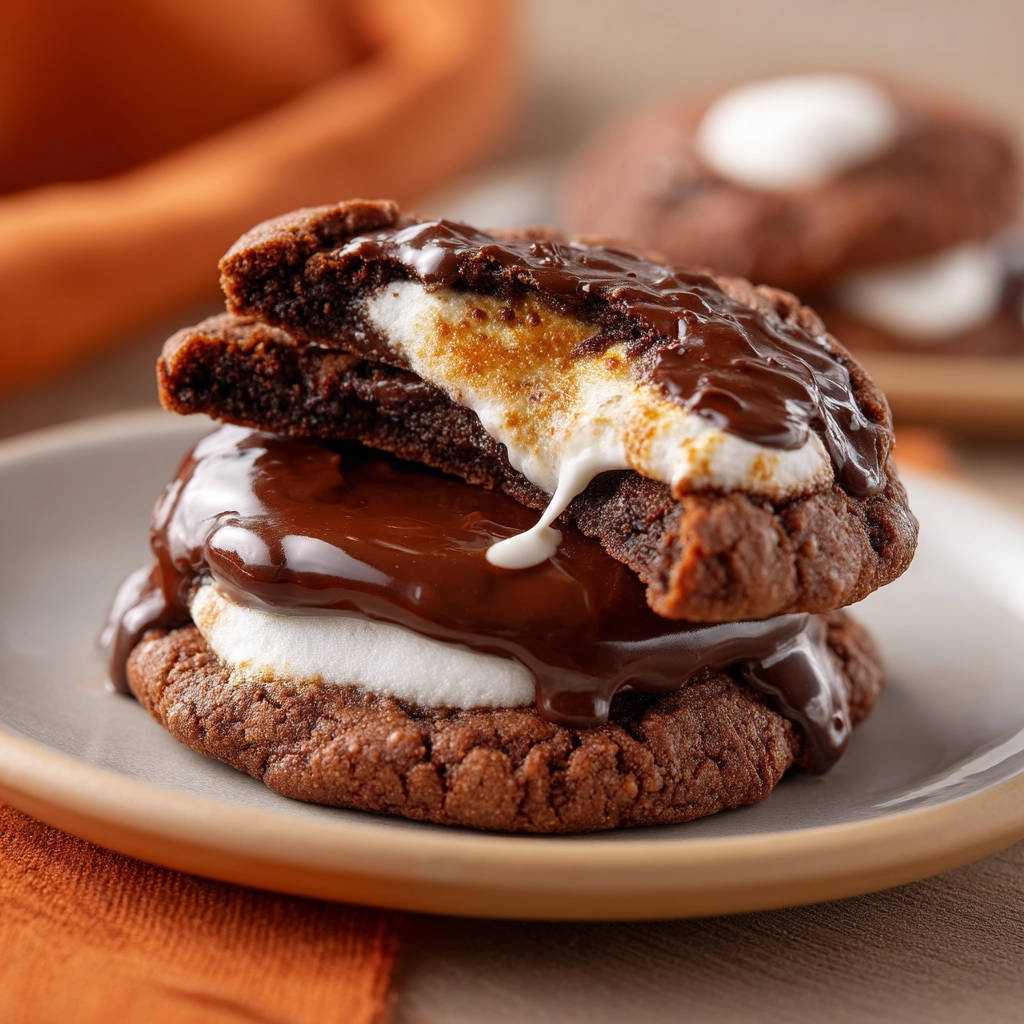 Gooey s'mores chocolate cookies shown in a close-up cross-section with melted marshmallow and rich chocolate drizzle.