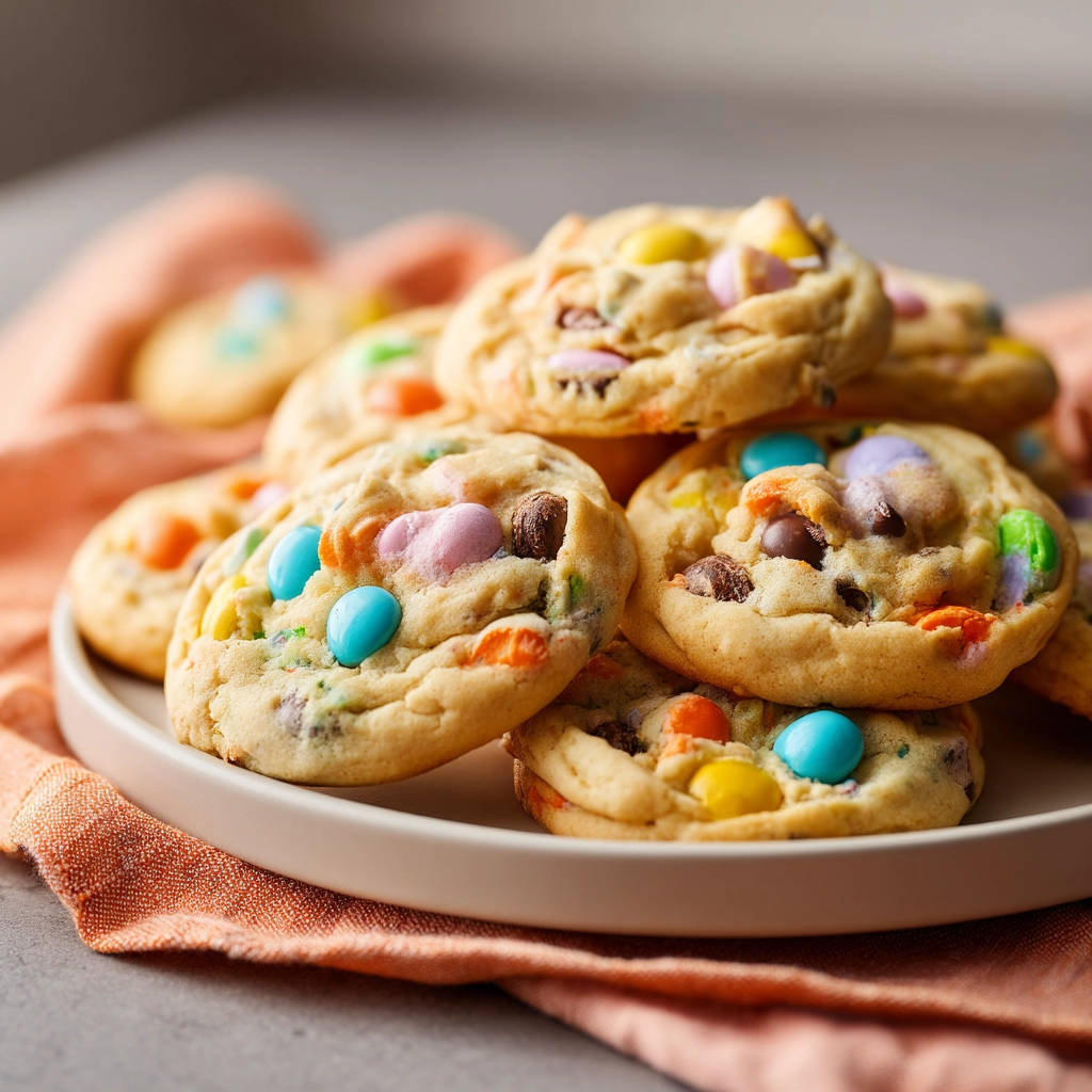 Soft M&M cookies piled high on a plate, showcasing colorful candy pieces and a fluffy texture.