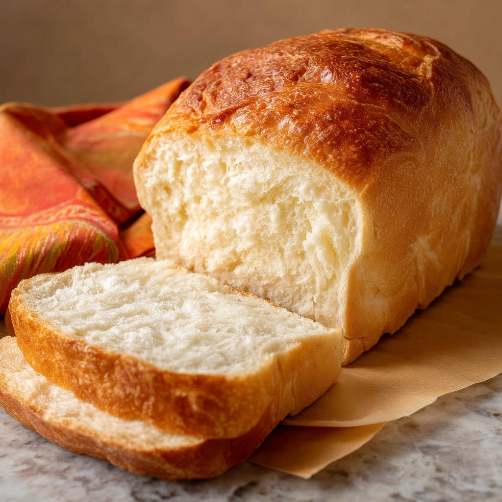 Soft sandwich bread recipe shown as a close-up of two freshly baked slices with a rustic cloth in the background.