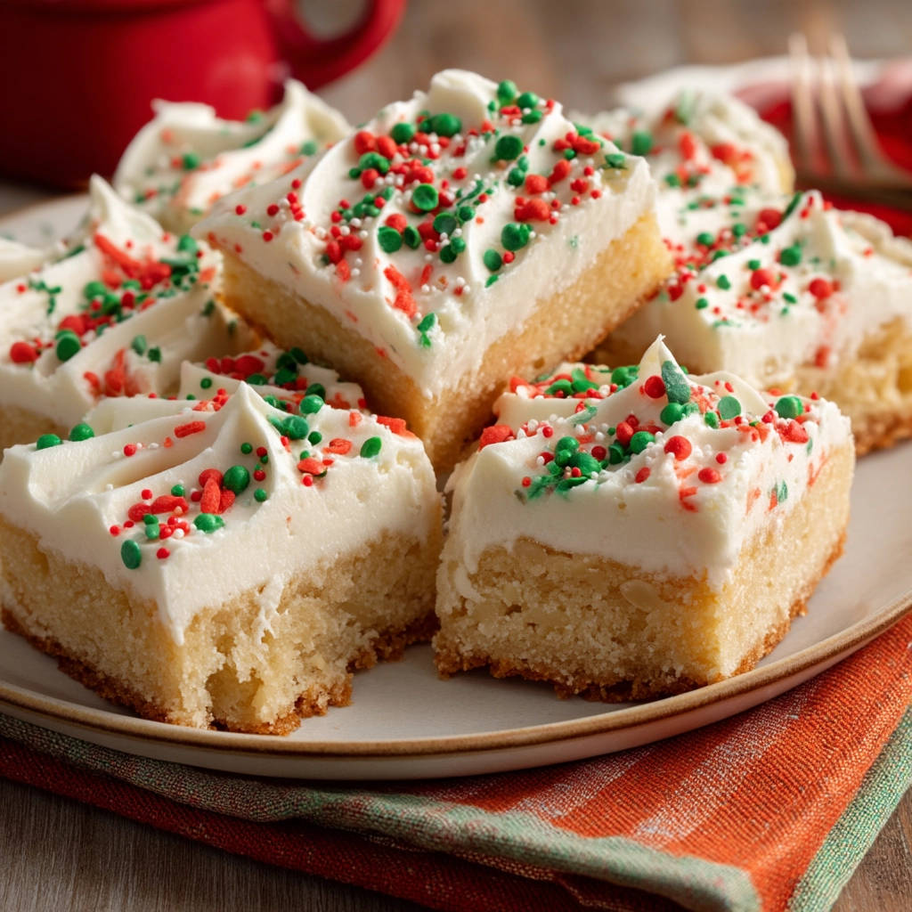 Soft sugar cookie bars with white frosting and festive red and green sprinkles, presented as cut slices on a plate.