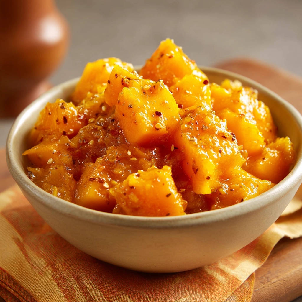 Spiced peach chutney in a bowl, showcasing its chunky texture and glistening glaze with visible spices.