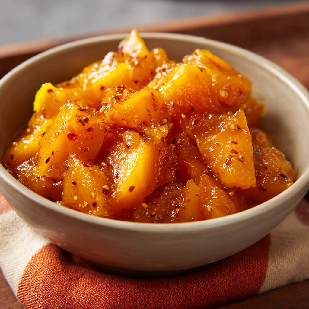 Spiced peach chutney shown in a bowl, highlighting the chunky texture and visible spices.