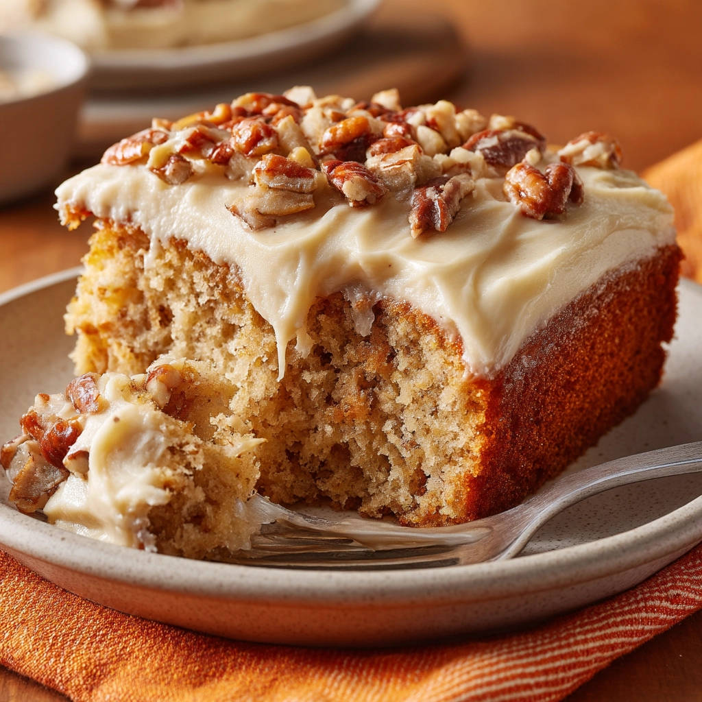 Spiced pecan cake, a moist slice revealing its tender crumb, topped with creamy frosting and chopped pecans, with a fork taking a bite.