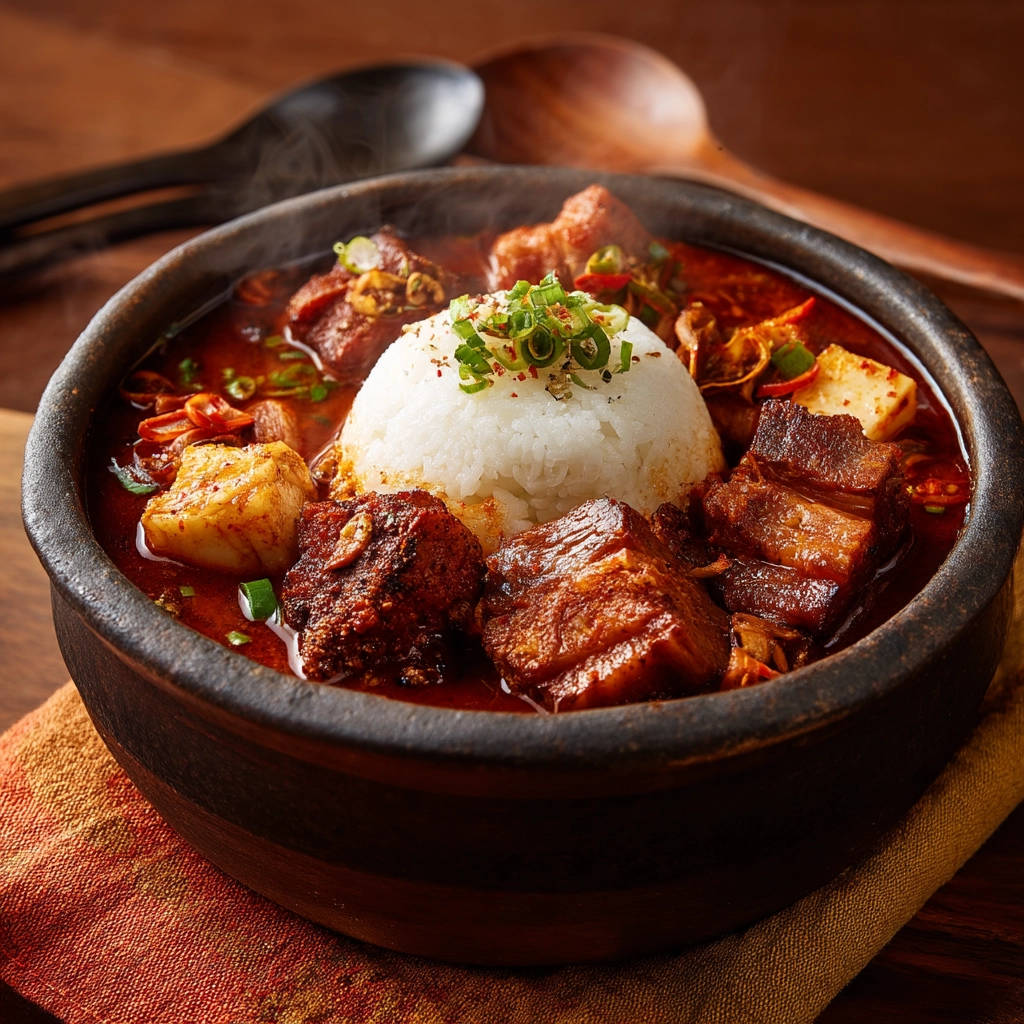 Spicy braised beef stew served in a rustic bowl, featuring tender beef chunks and fluffy white rice in a rich red sauce, captured from an overhead perspective.